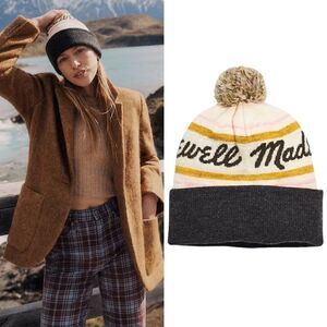New! Madewell Wool Retro Pom Pom Sweater Knit Cozy Logo Beanie